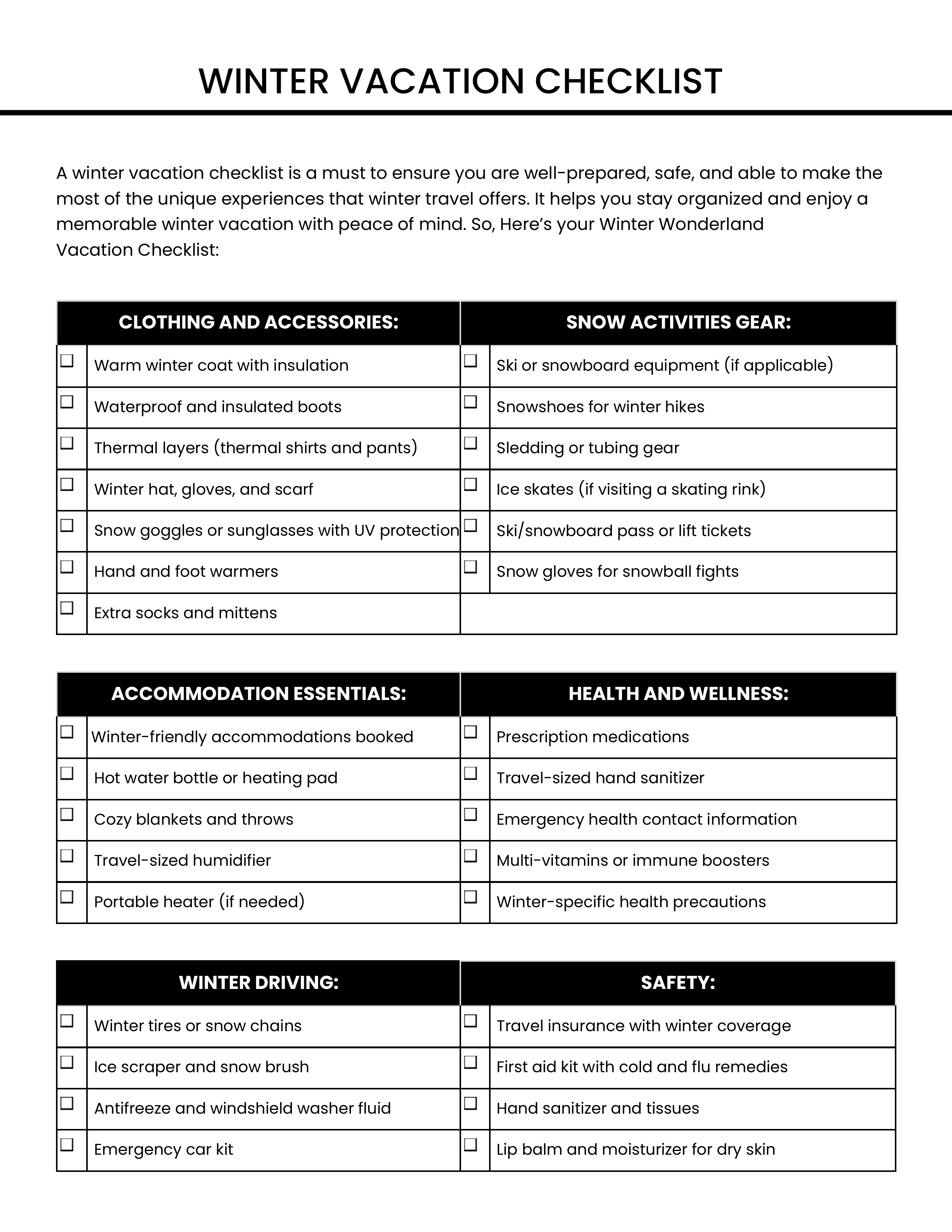 Winter Vacation Checklist